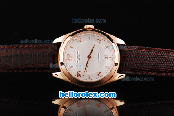 Patek Philippe Classic Swiss ETA 2836 Automatic Movement Rose Gold Case with White Dial and Rose Gold Markers-Brown Leather Strap - Click Image to Close
